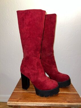 Red Suede Platform Knee-High Boots